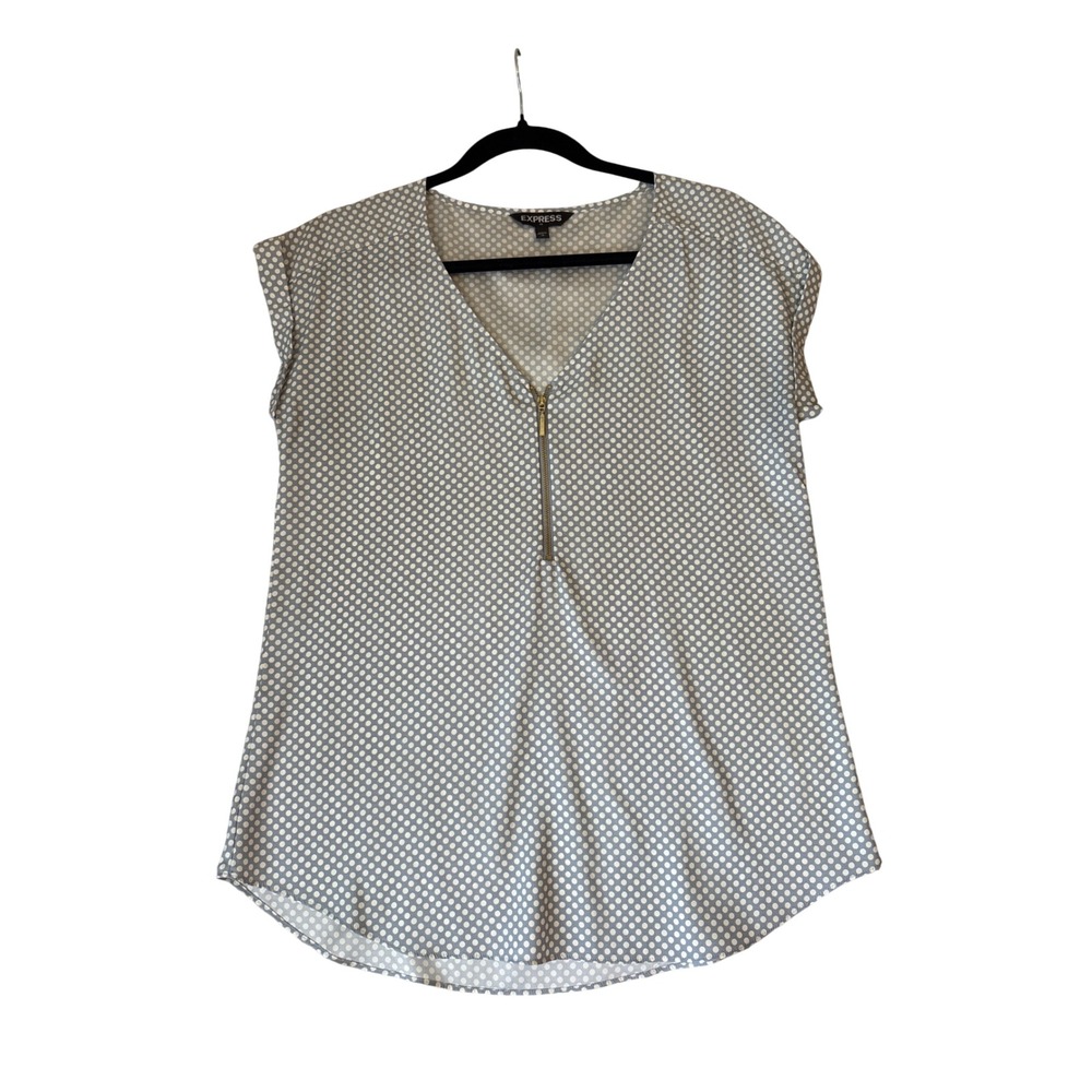 Express Blouse Women Blue Polka Dot Half Zip Cap Sleeve SIZE Medium